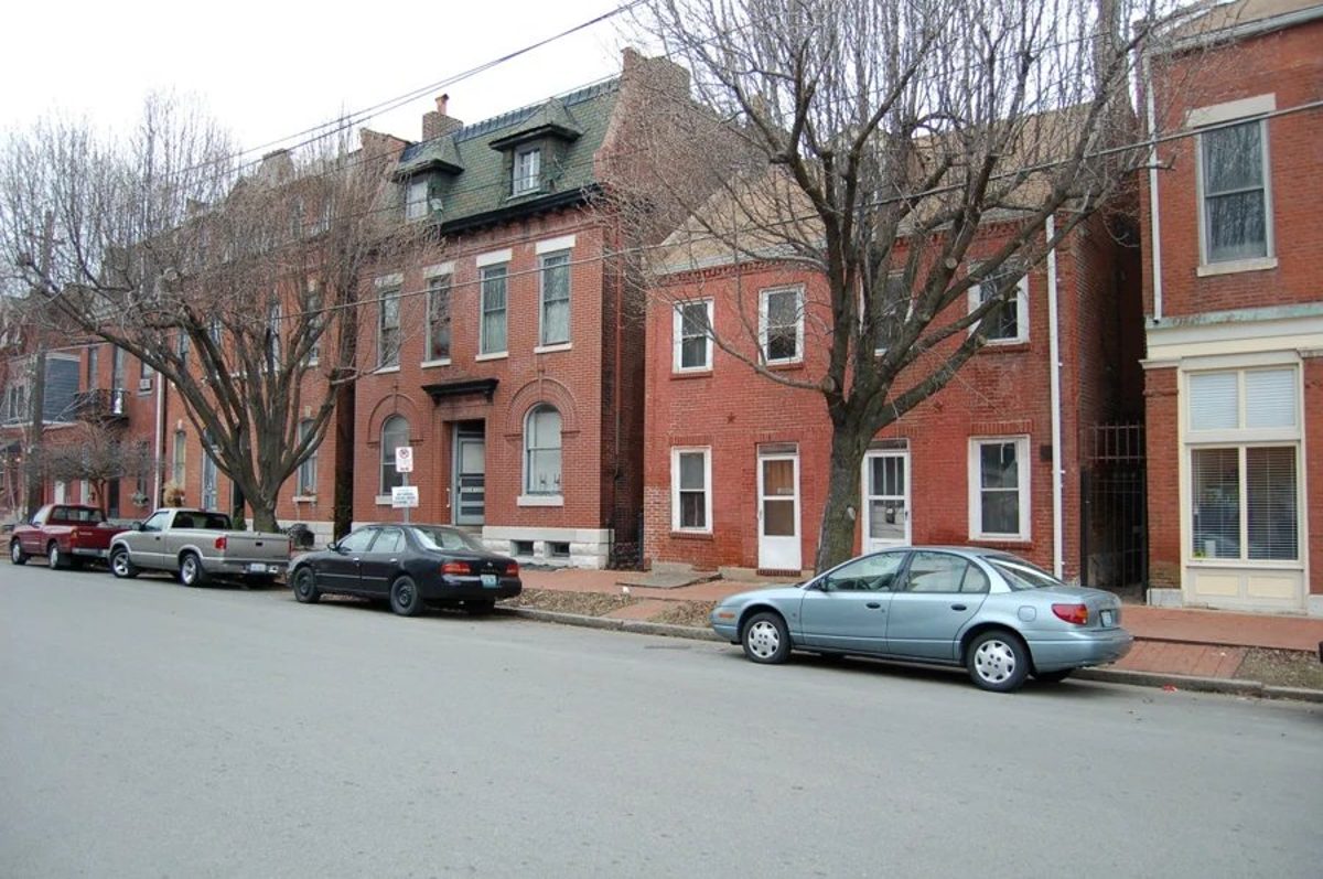 A red-brick residential street in Soulard, St. Louis